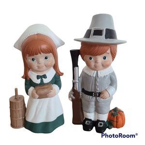 Vintage Ceramic Handcrafted Pilgrim Boy and Girl Thanksgiving Fall Autumn 1994